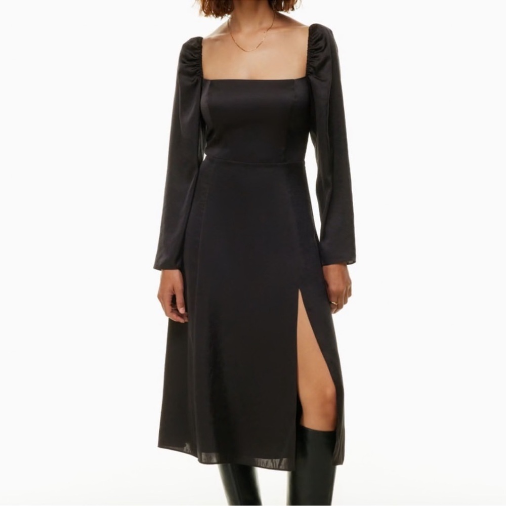 Aritzia Wilfred Bridgerton Satin Black long Sleeve Midi Dress size 8 $168